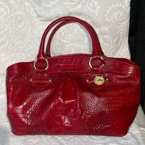Brahmin Red Satchel with Crocodile Texture and Gold Accents